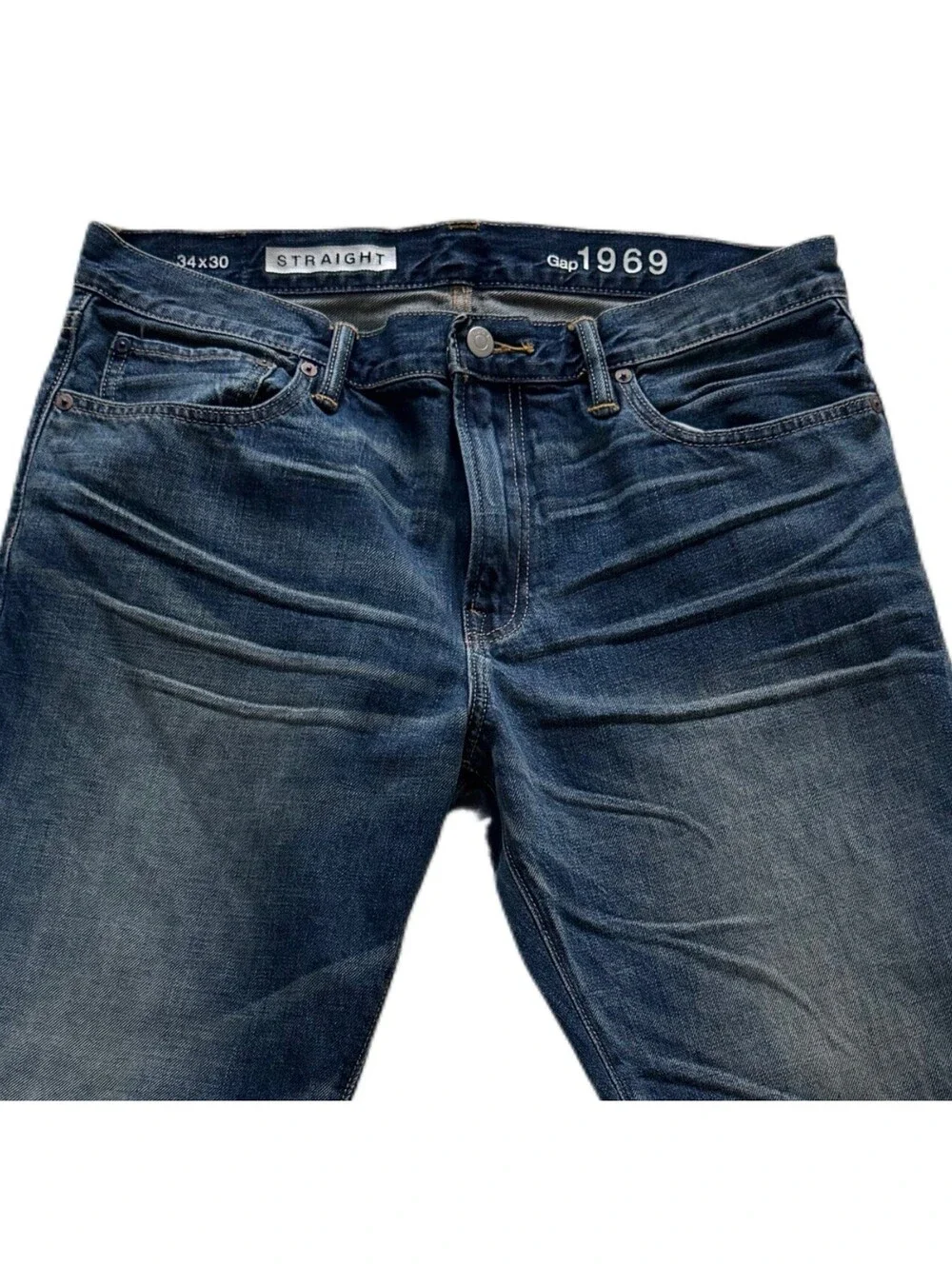Gap 1969 Straight Fit Jeans Men’s 34x30 Dark Wash Whiskered Distressed Denim